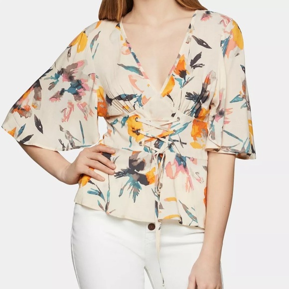 BCBGenration Beige Floral Lace Up Corset Top Size 6 - Picture 1 of 8